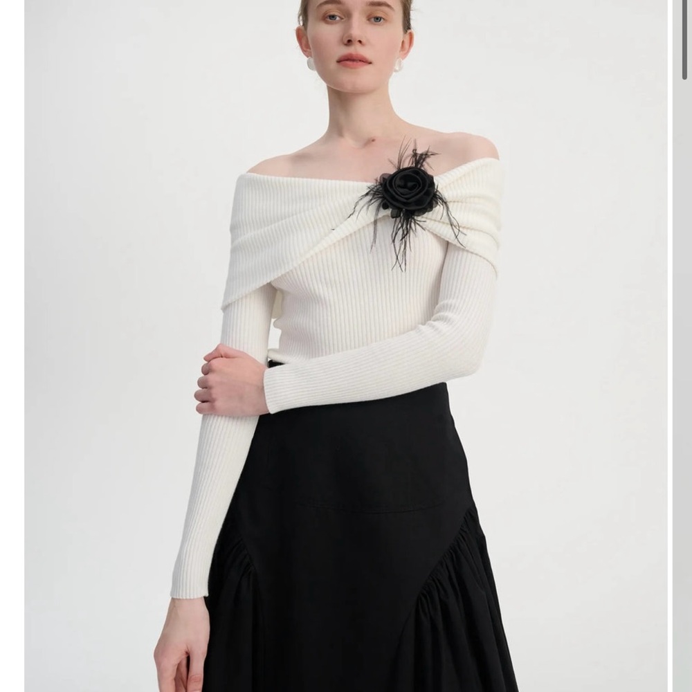 Off-Shoulder Ribbed Knit Sweater with Black Rose Detail